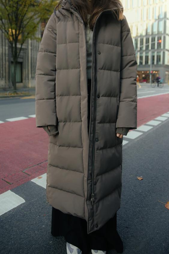 LONG HOODED WATER AND WIND RESISTANT PUFFER JACKET