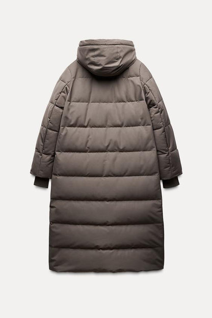 LONG HOODED WATER AND WIND RESISTANT PUFFER JACKET