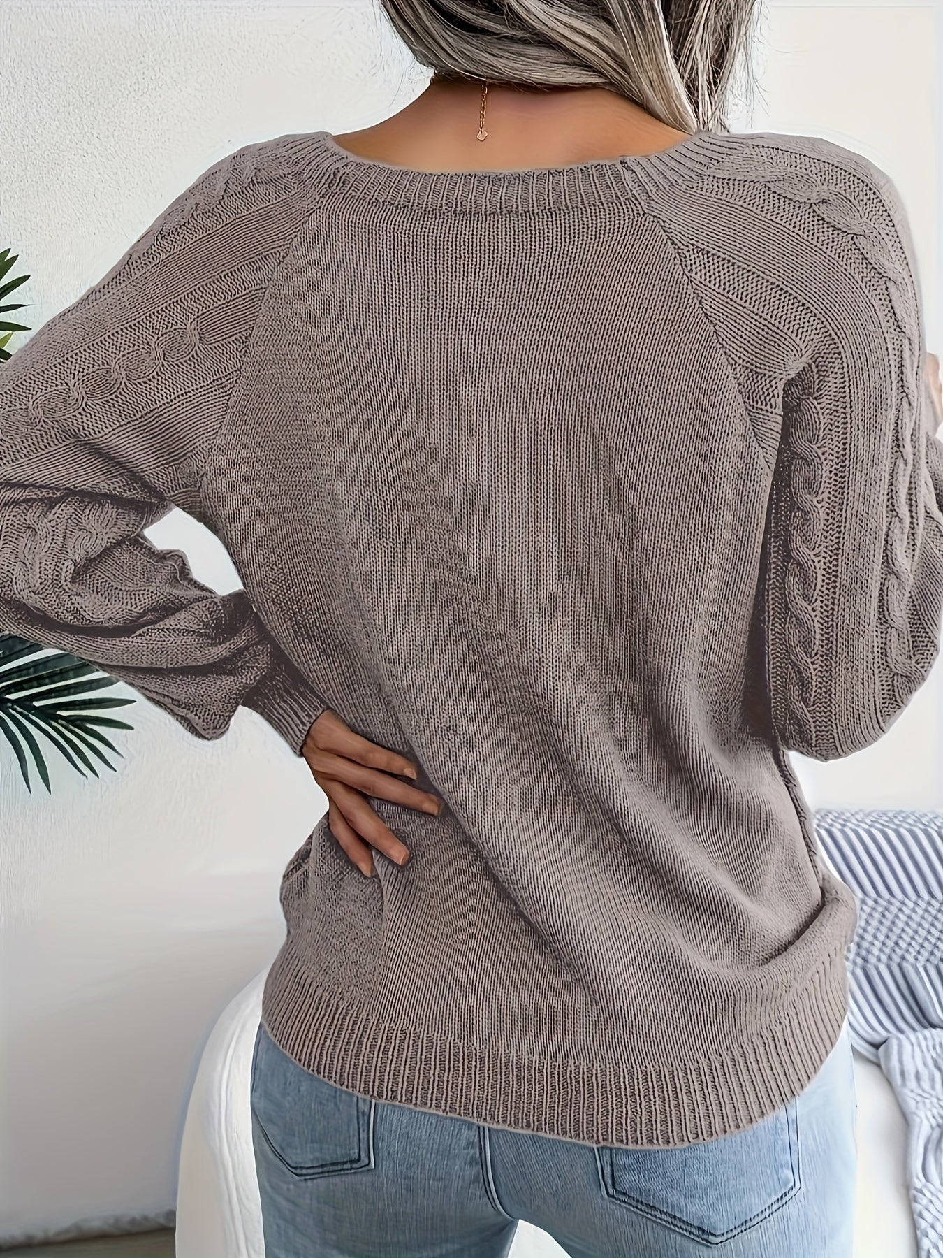 Pull en Tricot Torsadé de Couleur Unie et Décontracté à Manches Longues