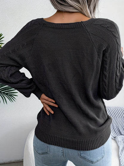 Pull en Tricot Torsadé de Couleur Unie et Décontracté à Manches Longues