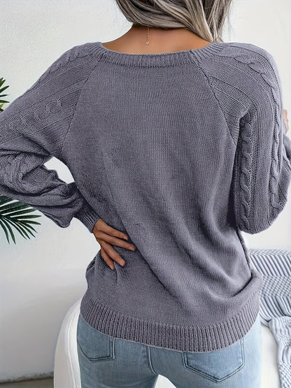 Pull en Tricot Torsadé de Couleur Unie et Décontracté à Manches Longues